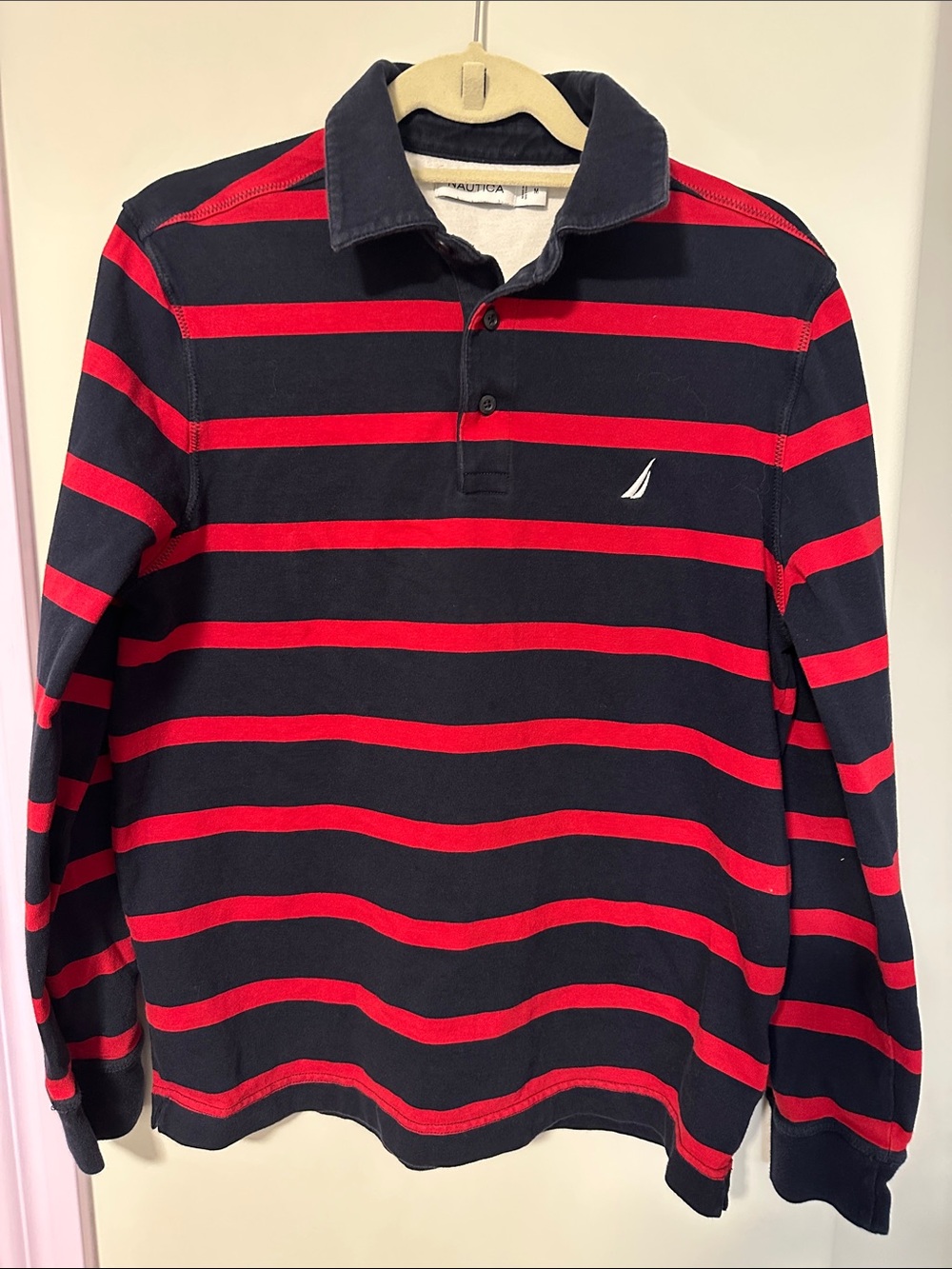 Nautica Men’s Navy and Red Striped Long Sleeve Rugby Polo